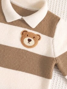 SHEIN 新生兒男嬰女嬰秋冬款可愛拼色卡通圖案 Polo 領長袖連身衣連身套裝 條紋毛衣連身衣 嬰兒毛衣連身衣 可愛毛衣連身衣 - 卡其色 - 查看 5