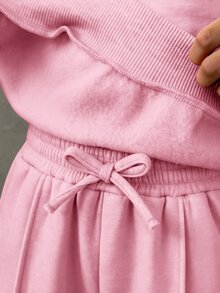 SHEIN 兒童青少年女孩灰色兩件套，印花返校秋季休閒校園風 V 領毛茸茸柔軟彈性運動衫與針織寬腿運動長褲 - 粉色 - 查看 7
