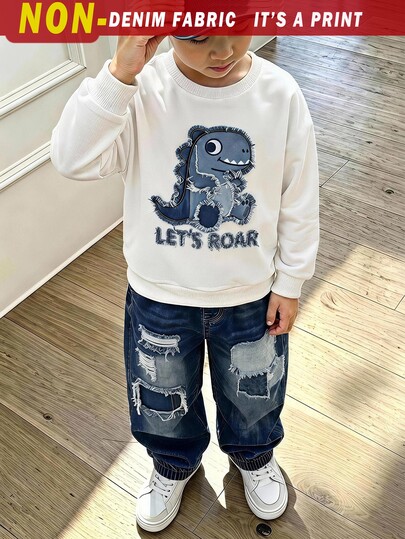 2pcs/Set Young Boy Crew Neck Sweatshirt And Sweatpants Outfit, Cute Puppy Print Pattern, Suitable For 5-15°C, Holiday Party, Casual Wear, Spring/Autumn/Winter, Comfortable And Easy To Wear, Fashion Casual Outfit For Boys