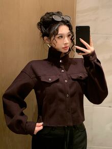 DAZY Women's Deep Brown Wool Blend Short Jacket, Loose Casual Streetwear Commuter Style With Turn-Down Collar And Large Pockets, Autumn/Winter - Brown - View 6