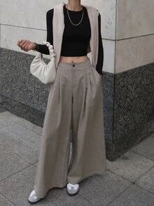 DAZY Women's Solid Color Pleated Wide Leg Loose Casual Long Pants - Brown - View 5