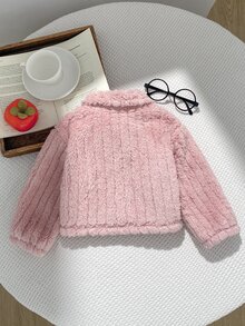 Baby Girl Pink Ribbed Fuzzy Thick Warm Turn-Down Collar Short Jacket, Pocket Decor, Suitable For Autumn/Winter Outdoor Wear - Pink - View 2