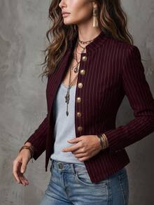 Solivie Women's Autumn Fashion Striped Jacket - Burgundy - View 5