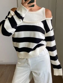 DAZY Women's Contrast Color Striped Loose 2 In 1 Cold Shoulder Long Sleeve Casual Vacation Korean Style Autumn/Winter Knit Sweater - Apricot - View 4