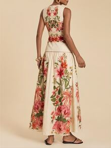 Travachic Printed V-Neck Women's Long Dress - Apricot - View 3