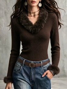 SHEIN Vintage Deep V-Neck Fuzzy Collar Knit Top, Furry Sleeve Patchwork Ribbed Long Sleeve Sexy Base Layer Sweater - Brown - View 1