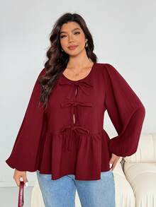 SHEIN Essnce 大尺碼度假風紋理前綁帶長袖襯衫 - 紅色 - 查看 4