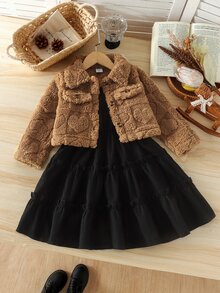 SHEIN 2件組幼女泰迪夾克洋裝套裝，甜美棕色與黑色愛心圖案，層次荷葉邊、長袖與無袖、翻領、加厚款，適合派對、秋冬聖誕穿著 - 彩色 - 查看 6