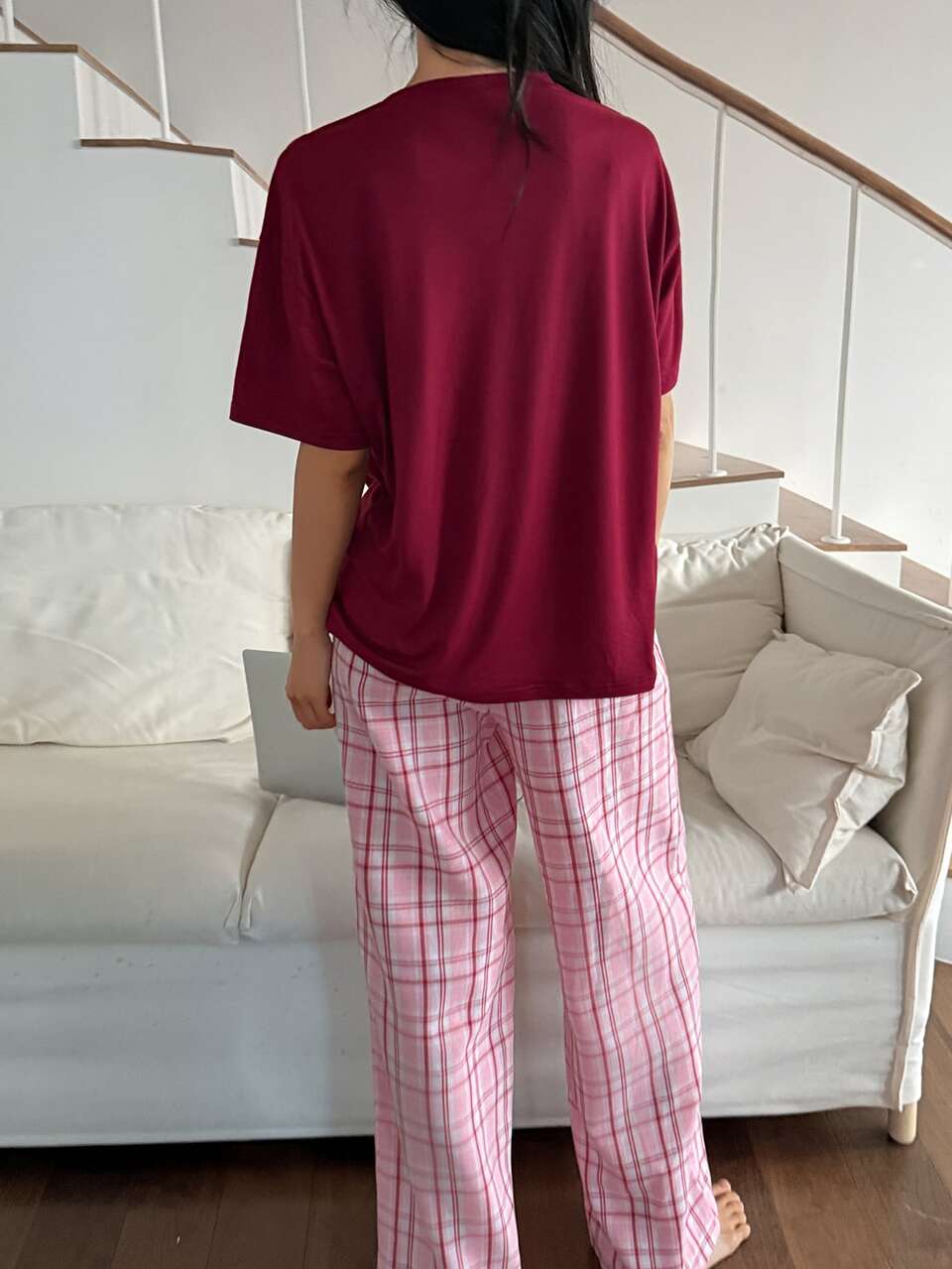 Wine Red Round Neck Short Sleeve 3 Purple Rabbit Print Top And Pink Plaid Wide Leg Long Pants Loose Pajama 2 Pieces Set Women's Sleepwear Fall