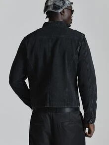 Musero Military Button Detail Denim Jacket Long Sleeve Shoulder Epaulesttes Button Closure Autum Winter Essentials - Black - View 5