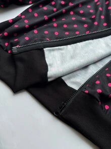 Sunspun Plus Size Polka Dot Hooded Zip-Up Sweatshirt, Autumn/Winter Fall - Hot Pink - View 9