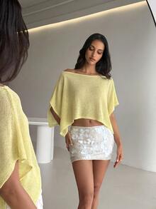 Aloruh 女款夏季海灘度假比基尼外罩衫 波西米亞風優雅套頭上衣 手編性感透視針織衫 - 淡黃色 - 查看 7