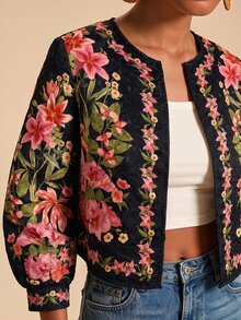 Travachic 女款時尚度假刺繡長袖復古夾克 - 黑色 - 查看 5