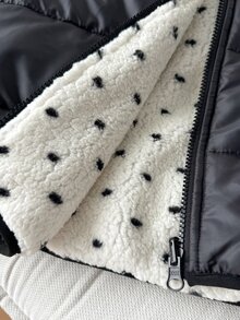 SHEIN 少女休閒百搭厚款連帽寬鬆長袖鋪棉外套，黑白波點抓絨可正反穿外套，秋冬款 - 黑與白 - 查看 6