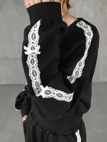 FRIFUL طقم نسائي من قطعتين بياقة على شكل حرف V وأكمام طويلة بألوان متباينة مع بنطال للاستخدام اليومي العادي - الأسود - مشاهدة 2