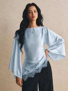 Poéselle Women's French Gentle Lace Patchwork Asymmetrical Hemline Blouse - Dusty Blue - View 4