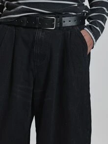 Musero Celana Jeans Denim Hitam Model Barrel Leg dengan Lipatan Pinggang dan Resleting, Pakaian Esensial Musim Gugur dan Musim Dingin - Hitam - View 5