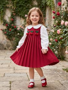 SHEIN Genkimix Kids 女童甜美櫻桃拼接洋裝，蕾絲飾邊彼得潘領泡泡長袖百褶A字領派對洋裝，適合秋季 - 紅色 - 查看 8