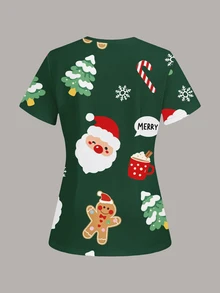 PopScrub Women's Christmas Santa Print Short Sleeve Scrub Top - Multicolor - View 2