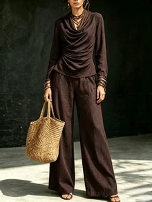 SHEIN Women's Solid Color Cowl Neck Long Sleeve Top + Wide Leg Pants 2 Pieces Set - Coffee Brown - View 6