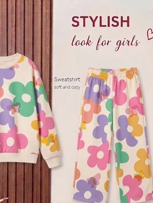 Young Girls' Sweatshirt Set, Round Neck Long Sleeve, Loose Straight Leg Pants. Beige Background With Macaron Colorful Large Floral Print, Soft And Skin-Friendly Fabric - Multicolor - View 5