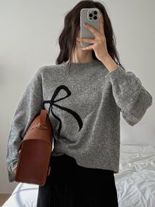 DAZY Women's Bow Pattern Casual Daily Wear Long Sleeve Sweater - Dark Grey - View 4
