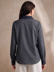 Anewsta 女款春夏藍白條紋丹寧拼接領休閒襯衫，適合日常通勤與校園穿著 - 藏蓝色 - 查看 6