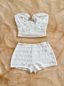 Soleia New Vacation Halter Neck Lace Trim Top + Low Waist Shorts 2pcs Set - Multicolor - View 3