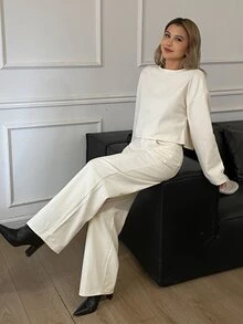 Livesso Women's Elegant Long Sleeve Shirt And Button Pocket Denim Pants Set Fall - White - View 6