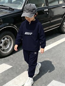 SHEIN 2件組兒童小男孩新款休閒簡約學院風度假風條紋長袖長褲套裝，適合秋冬街頭風日常穿著、外出度假與體育學院 - 藏蓝色 - 查看 3