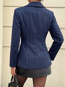 Siren Gaze Women's Elegant Business Casual Casual Professional Metal Button Navy Blue And White Blazer Office Night Out Business Summer - Navy Blue - View 5