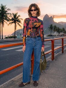CAJUNI 女款豹紋立領長袖透視網紗上衣 - 彩色 - 查看 3