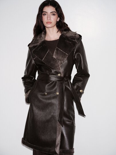 Anewsta Women's Long Vintage Oversized Collar Cinched Waist Waist Leather Fur Coat, Autumn/Winter