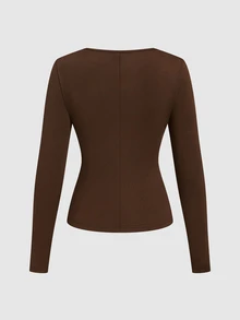 Selianne New Knit Elastic Crew Neck Long Sleeve Waist Horizontal Ruched Faux Placket Button Decor Casual Versatile Daily Commute Vintage Women's T-Shirt - Brown - View 2