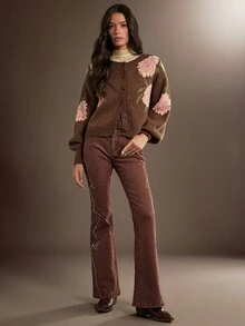 WESTFADE Flower Intarsia Button Front Long Sleeve Brown Cardigan Sweater, Fall Winter 2026, Western Style, Cowgirl Clothing, Rodeo, Female Country Look, Autumn - Multicolor - View 5