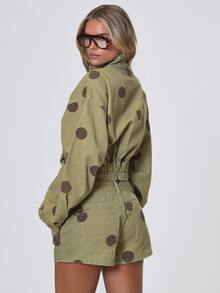 MUSERA 波點立領拉鍊短版夾克 秋冬酷女孩返校假期毛絨款 - 棕色 - 查看 4