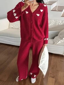 DAZY Women's 2-Piece Heart Pattern Loose Cardigan Long Sleeve Knit Top And Straight Leg Long Pants Pajama Set, Autumn/Winter - Red - View 9