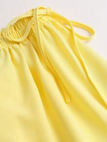 Sweetra Women's Yellow 2 Pieces Set, Featuring Ruffled Square Neck, Puff Long Sleeves, Front Tie, Ruched Top And Flowy Mini Skirt, Suitable For Beach Vacation And Club Wear - Yellow - View 5