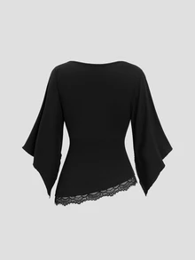 Sweetra Women's New Fashion Versatile Knit V-Neck Top With Lace Patchwork And Straight Leg Pants, Casual 2 Pieces Set, Black - Black - View 4
