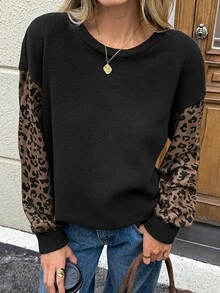 SHEIN LUNE 女款休閒秋冬拼接豹紋長袖衛衣 - 彩色 - 查看 3