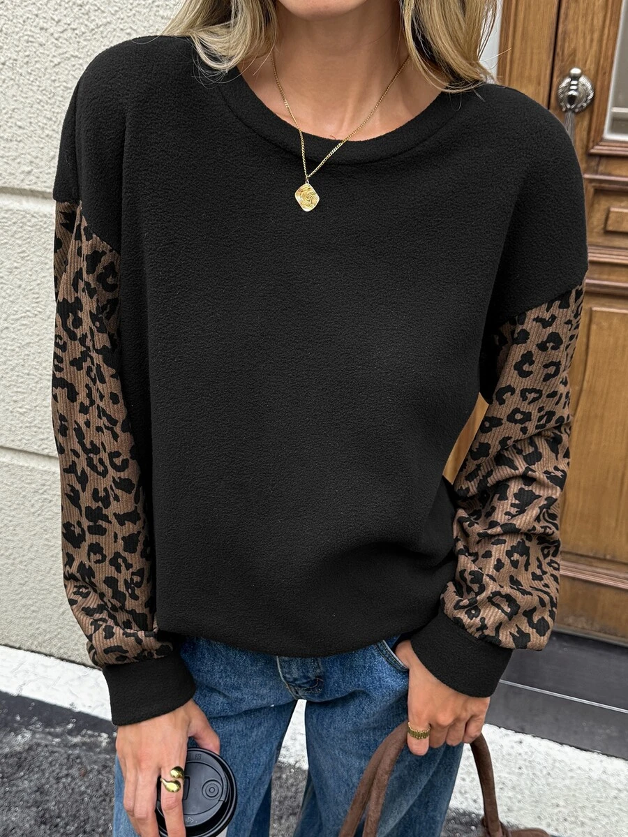 SHEIN LUNE Casual Women's Autumn/Winter Patchwork Leopard Print Long Sleeve Sweatshirt - Multicolor - View 1
