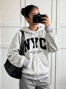 青少年女孩休閒百搭韓系開襟運動衫外套，適度寬鬆版型，返校穿搭 - 灰色 - 查看 3