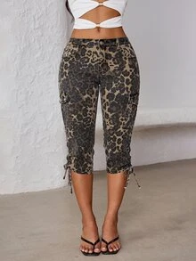 SHEIN CURVE+ Plus Size Women's Leopard Print Casual Versatile Daily Wear Cropped Denim Jeans - Multicolor - View 3