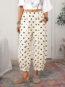 SHEIN CURVE+ Plus Size Women's Polka Dot Casual Versatile Everyday Jeans - Black and White - View 4