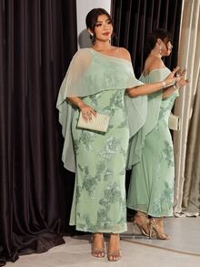 Firerie Plus Size Elegant Party Mesh Patchwork Floral Embroidery Dress - Green - View 4