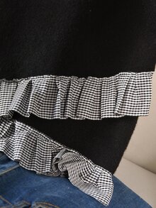 CosyJoli Plus Size Women's Patchwork Plaid Ruffle Hem Knit Vest Winter - Black - View 5