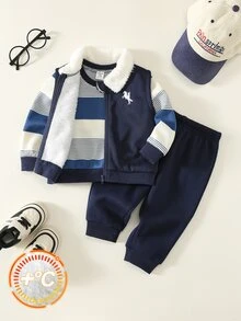 SHEIN 男女嬰兒/幼兒 3件組秋冬保暖內裡加厚休閒可愛毛絨背心外套與衛衣套裝，多件式冬季外套套裝，聖誕裝 - 棕色 - 查看 7