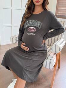 Dazy Maternity Letter Print Loose Long Sleeve Maxi Casual Daily Vacation Spring Autumn Maternity Dress - Grey - View 6
