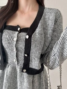 FRIFUL Women's Button Long Sleeve Contrast Color Sweater And Knit Dress 2 Pieces Set Brunch Black And White Striped Fall French Elegant Everyday Date Winter - Grey - View 3