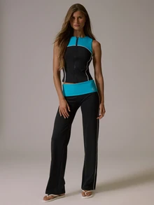 Musera Sport Contrast Colour Foldover Waist Contrast Colour Piped Side Straight Leg Yoga Style Coord Pants Fall Autumn Winter Gym Active Pilates Motion - Black - View 1